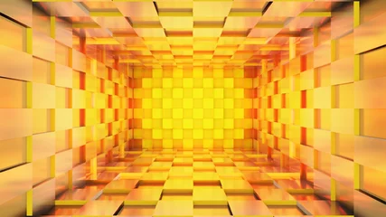 Fototapete Rund Minecraft Abstract neon light corridor, concept Golden matrix box design., 3D Rendering  © luxifer