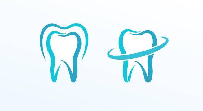 Dentistry flat cartoon style vector logo concept. Protected tooth, isolated icons on white background. Linear symbols of tooth for orthodontic clinic and dentistry.