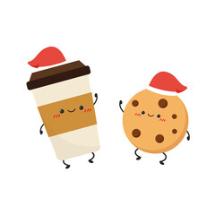 Coffee cup and Cookie character design. cartoon vector. Santa hat vector.