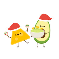 Avocado in Santa hat. Nacho dip in bowl. Nacho vector. Avocado dip. Avocado and nacho character design.