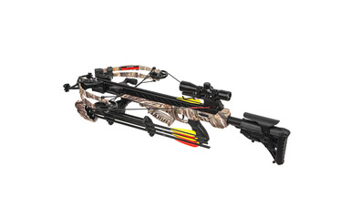 A modern crossbow with a telescopic sight. Silent weapon for hunting and sports isolate on white back.