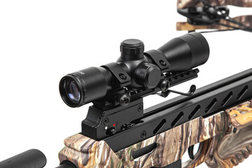 A modern crossbow with a telescopic sight. Silent weapon for hunting and sports isolate on white back.