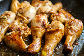 Chicken drumsticks and wings marinated in soy sauce in a pan.