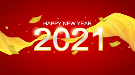 Happy new year 2021. Design with gold foil confetti on red  background. Vector. illustration.
