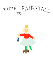 Funny  winter postcard with little princess and her Christmas. Winter celebration  at home. Simple and stylish Scandinavian postcard for gift.