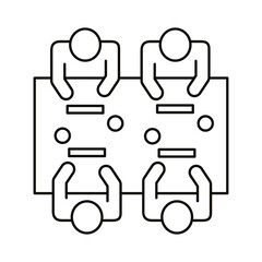 four workers seated in table coworking line style icon