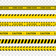 Black and yellow stripes. Barricade tape, Do not cross, police, crime danger line, bright yellow official crime scene barrier tape. Vector flat style cartoon illustration isolated