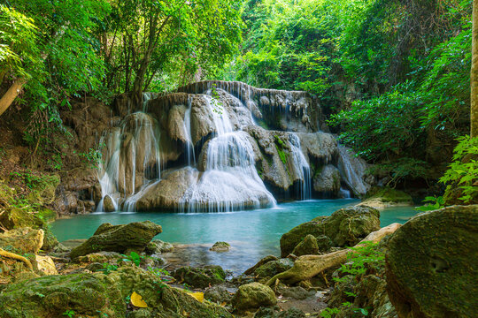 Huay Mae Khamin Waterfall. Nature landscape of Kanchanaburi district in natural area. it is located in Thailand for travel trip on holiday and vacation background, tourist attraction. © banjongseal956