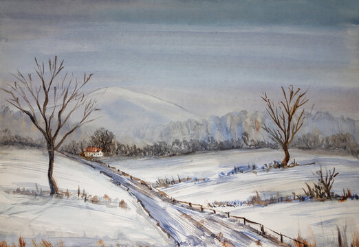 Hand watercolor painting of winter landscape with trees, mountain, path and small house