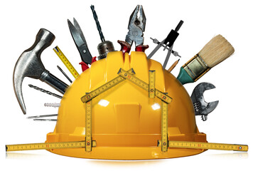 Yellow and orange safety helmet with many work tools and a wooden folding ruler in the shape of...