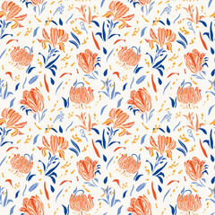 Fototapeta na wymiar Botany Linocut Baroque Flower Pattern. Seamless Vector Floral Background. Elegant Floral Design. Vintage Kitchen. Kitchen Wear, Home Decor, Gift Wrap. Vector EPS 10 Tile.