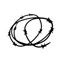 Barbed wire icon. Black contour silhouette. Round skein. Vector flat graphic hand drawn illustration. The isolated object on a white background. Isolate.