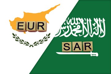Cyprus and Saudi Arabia currencies codes on national flags background