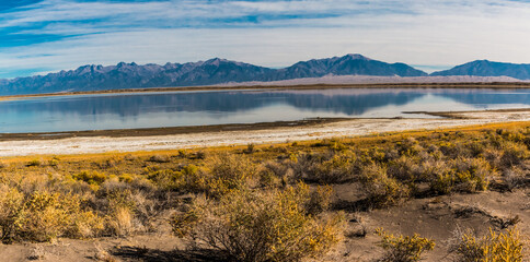 Sangre de Christo Mountains and The Great Sand Dunes Reflecting on Lake San Luis, San Luis State Wildlife Area, Mosca, Colorado, USA