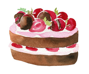 Watercolor illustration of chocolate strawberry cake