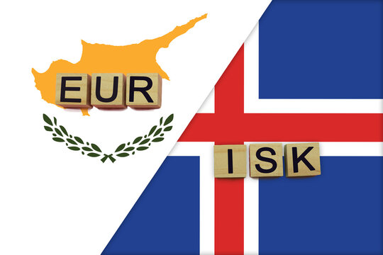 Cyprus and Iceland currencies codes on national flags background
