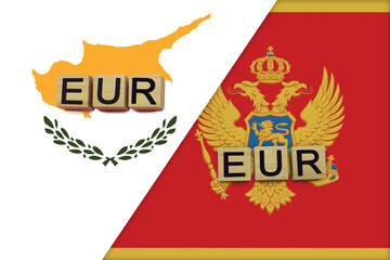 Cyprus and Montenegro currencies codes on national flags background
