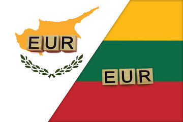 Cyprus and Lithuania currencies codes on national flags background