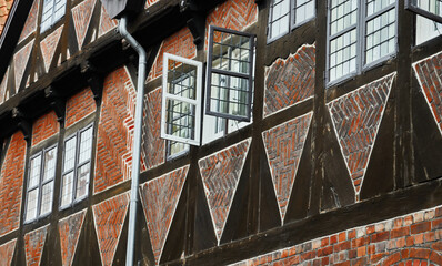 Brick masonry filled infill in a half-timbered house in the historic old town of the Hanseatic city...