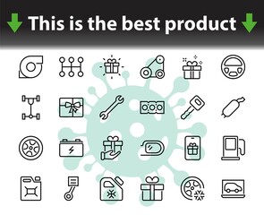 Fototapeta premium AUTO PARTS Set of Icons related vector line icons. Contains icons such as parts, oil, diagnostics, turbine, steering wheel, key, chassis, gearbox and much more. Editable stroke