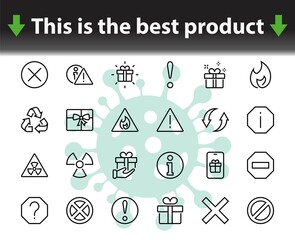 WARNINGS simple set of thin line vector icons. Contains icons such as warning, exclamation mark, reuse, warning sign and more. Editable stroke. Vector illustration