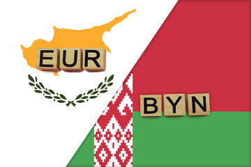 Cyprus and Belarus currencies codes on national flags background