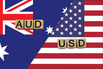 Australia and USA currencies codes on national flags background