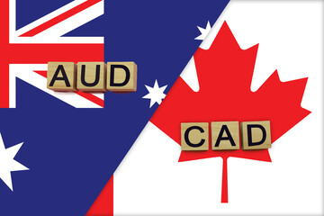Australia and Canada currencies codes on national flags background