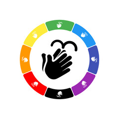 A large black washing hands symbol in the center, surrounded by eight white symbols on a colored background. Background of seven rainbow colors and black. Vector illustration on white background
