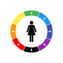 A large black woman symbol in the center, surrounded by eight white symbols on a colored background. Background of seven rainbow colors and black. Vector illustration on white background