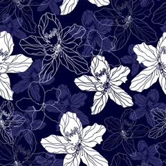 Fotobehang Seamless pattern with white flowers on a blue background. Hand drawn floral texture. © marymyyr