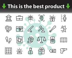 Court, Law and Justice Icon Set contains such icons as Law, Police, Prison, Handcuffs, Pistol, Editable stroke. Modern subtle symbols
