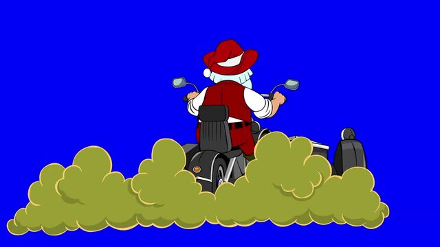 Animation of Santa Claus in a cowboy hat on a motorcycle with smoke