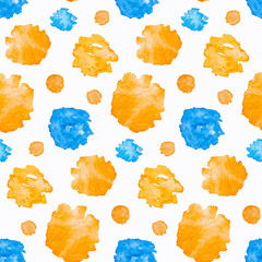 seamless pattern with bright orange and blue watercolor stains