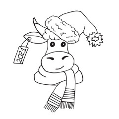 Symbol of the year. Cute bull in a Christmas hat. Contour drawing.