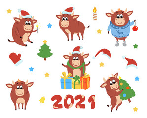 Happy Chinese new year cows and bulls. Ox zodiac cartoon character set Funny ox with new year gifts and Santa hat Vector