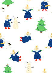 Funny  winter seamless pattern with little princess and her Chri