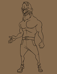 Fototapeta na wymiar sketch of cartoon bearded man with naked muscular torso