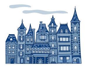 Obraz premium Vintage city houses. Hand drawn vector doodle. Set of illustrations with outline on white background. Design for children's book or print.