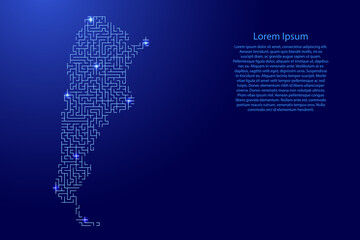 Argentina map from blue pattern of the maze grid and glowing space stars grid. Vector illustration.