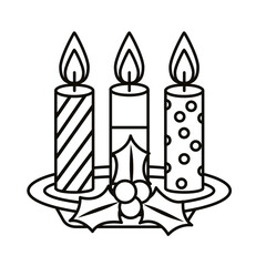 happy merry christmas berries and leafs with candles line style icon