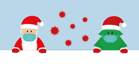 corona virus christmas 2020 design with santa claus and tree cartoon vector illustration EPS10