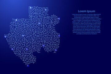 Fototapeta premium Gabon map from blue pattern of the maze grid and glowing space stars grid. Vector illustration.