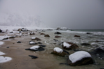 Winter in Bleik Beach, Lofoten Islands, Northern Norway