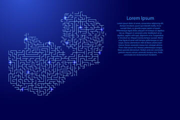 Zambia map from blue pattern of the maze grid and glowing space stars grid. Vector illustration.