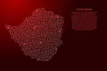 Zimbabwe map from red pattern of the maze grid and glowing space stars grid. Vector illustration.