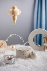 Geometric catwalk for your product on a new year's background. Stylish Christmas background.