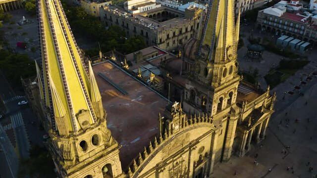 People Walking in Front of Guadalajara Cathedral. Boom, Jib Up. Birds Eye Aerial View