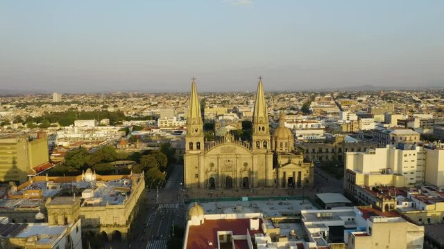 Drone Flies Toward Guadalajara Cathedral toward Teatro Degollado. Plaza. Daytime