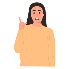 I have an idea. the girl shows her index finger up, a gesture pointing up, a thought appeared. Mockup, space for text, isolated on white background, portrait